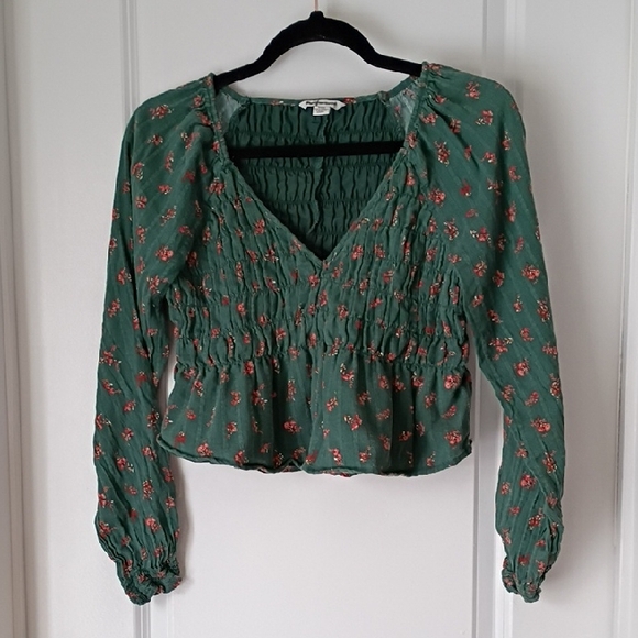 American Eagle Outfitters Tops - American Eagle Outfitters Green Floral Smocked V-Neck Blouse Medium